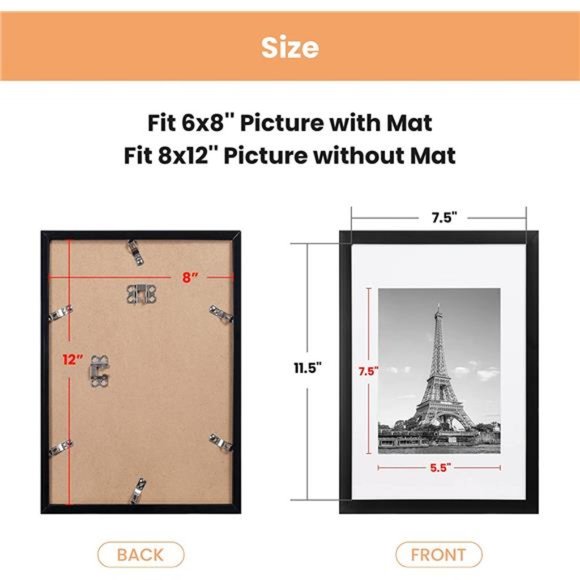 8x12 Picture Frame Set of 5,Display Pictures 6x8 with Mat or 8x12 Without Mat - Picture 5 of 6